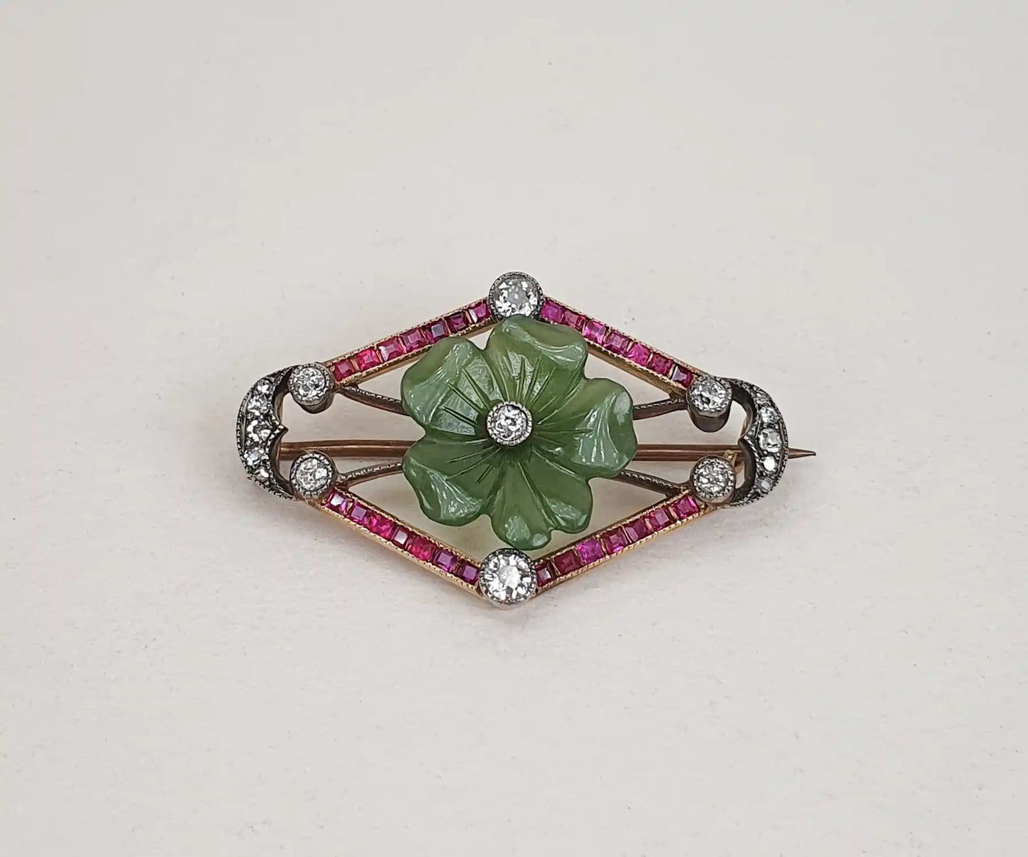 Art Deco Jade Ruby and Diamond Brooch in Gold
