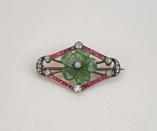 Art Deco Jade Ruby and Diamond Brooch in Gold