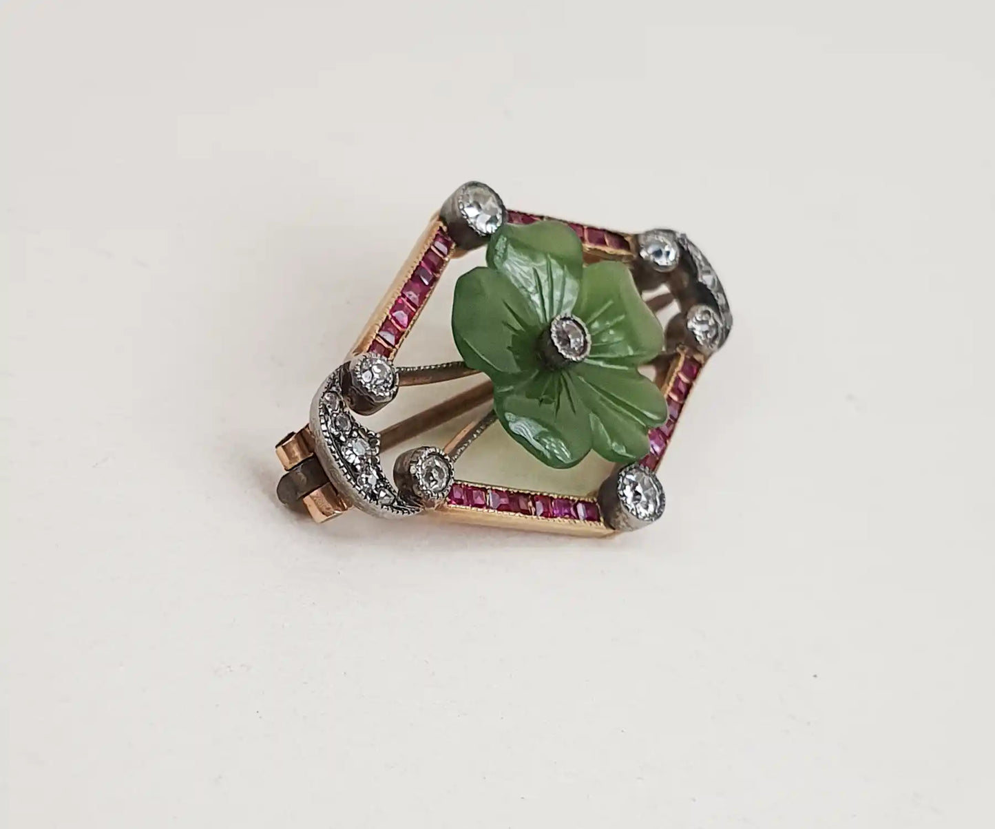Art Deco Jade Ruby and Diamond Brooch in Gold