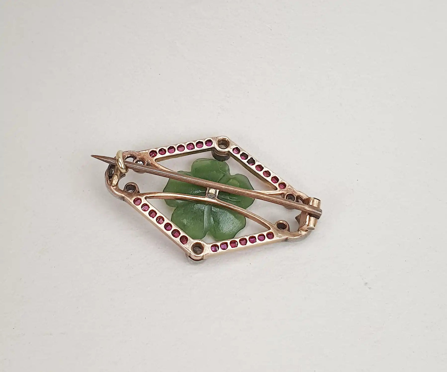 Art Deco Jade Ruby and Diamond Brooch in Gold