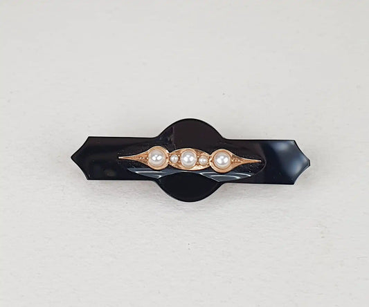 Antique Victorian Whitby Jet and PEarl Brooch
