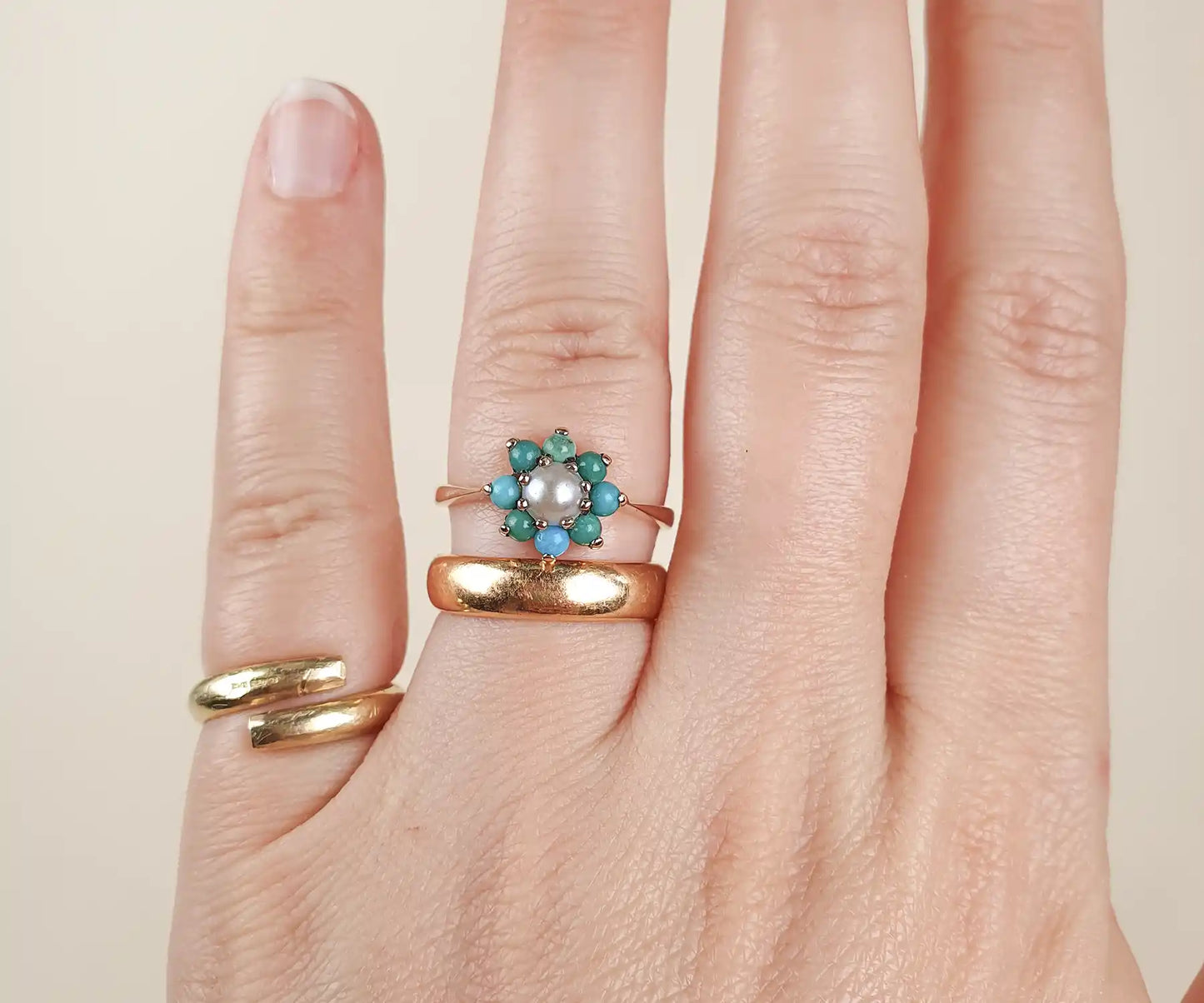 Forget Me Not Turquoise and Pearl Vintage Ring in Yellow Gold
