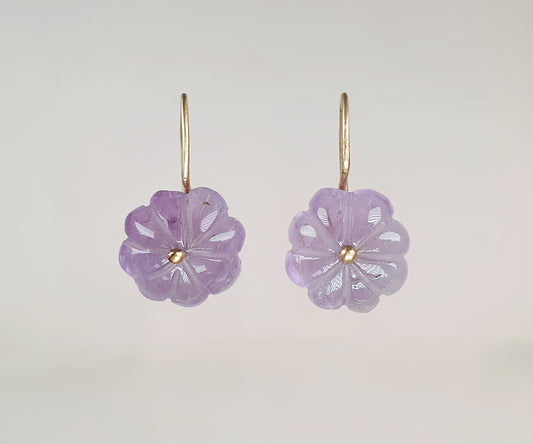 Carved Amethyst Flower Earrings in Gold