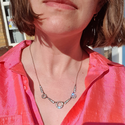 Art Deco Three Crystal Circles and Silver Collar Necklace