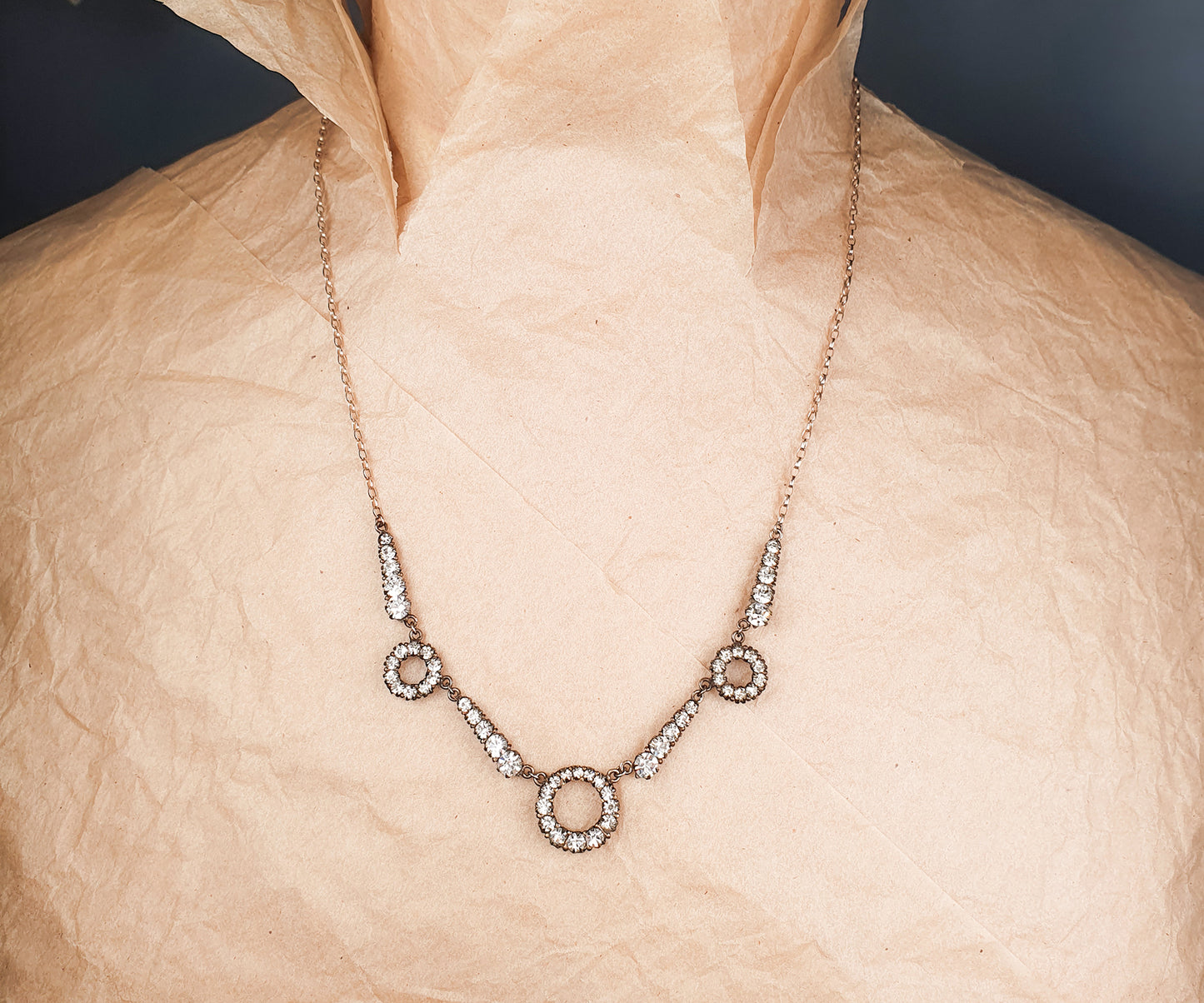 Art Deco Three Crystal Circles and Silver Collar Necklace