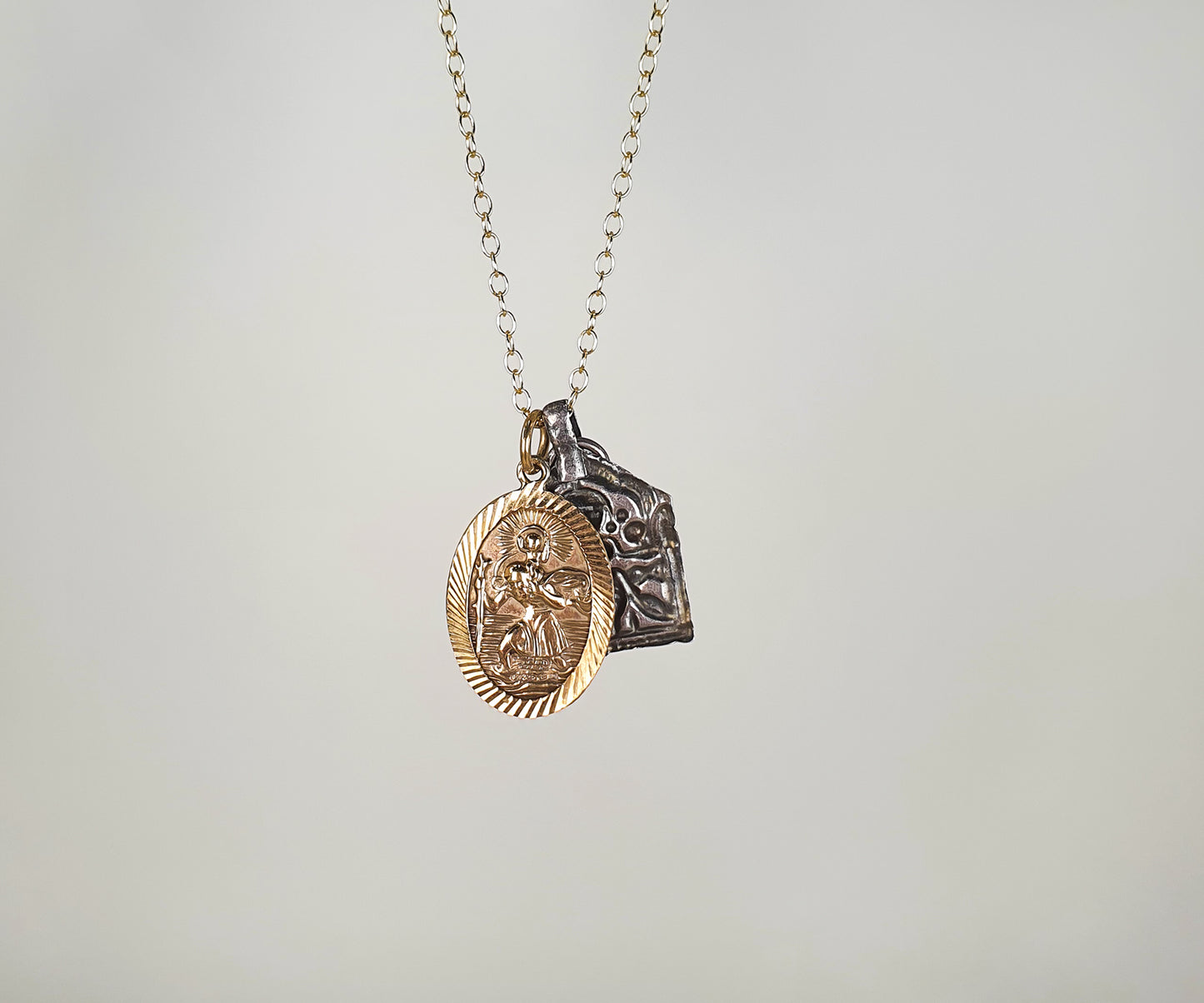 Vintage Silver Shiva and Oval  St. Christopher Necklace