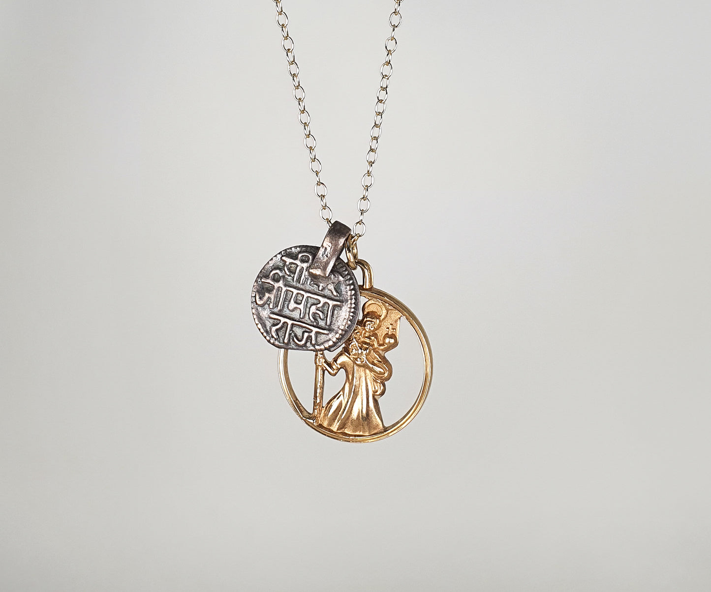 Vintage Gold St. Christopher and Sanskrit Coin Necklace