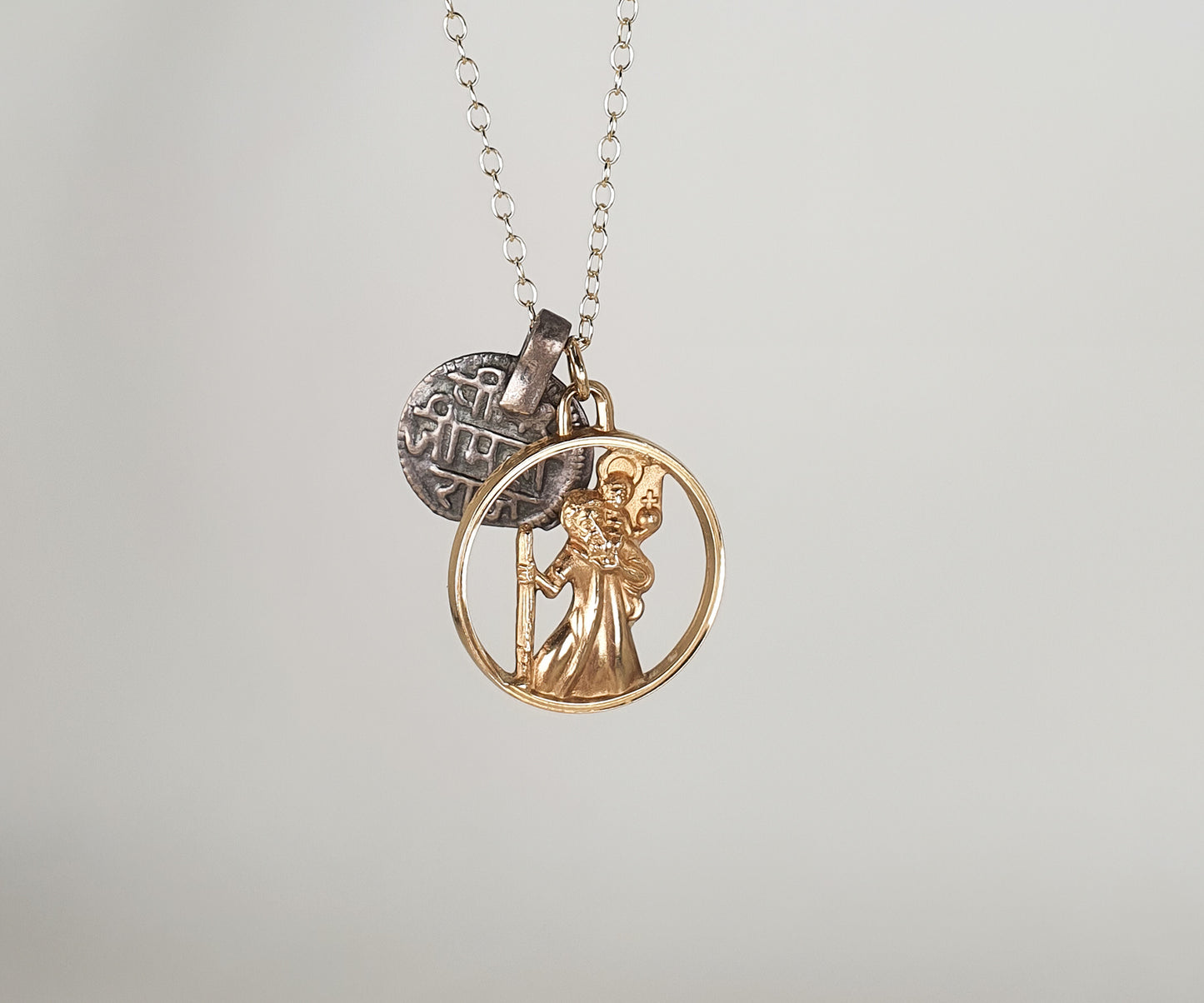 Vintage Gold St. Christopher and Sanskrit Coin Necklace