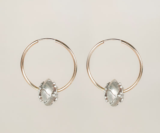 Large gold hoops with recycled vintage silver beads