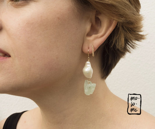 Rough Aquamarine and Baroque Pearl Drop Earrings