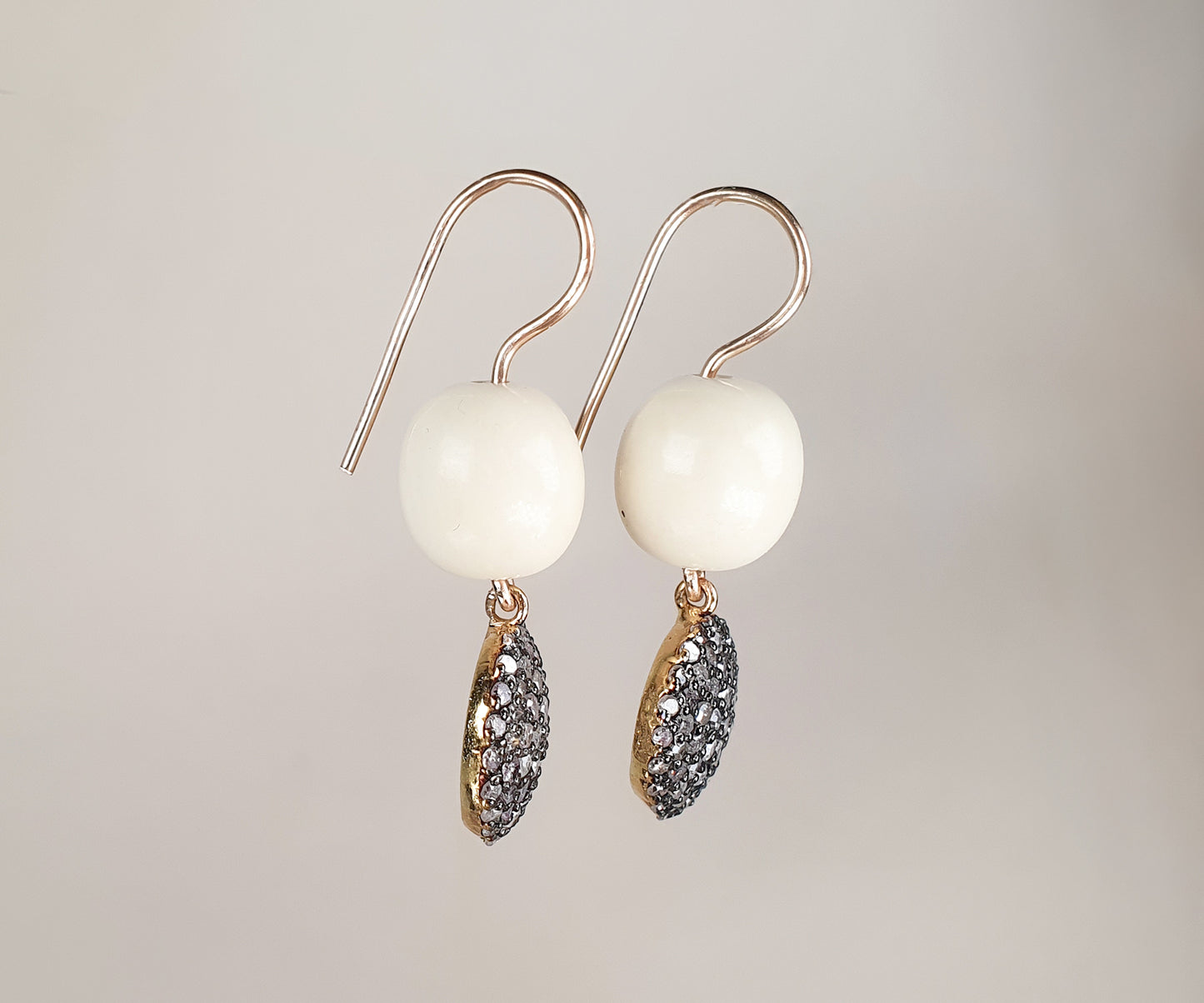 Diamond Disc and Vintage Bone Bead Drop Earrings