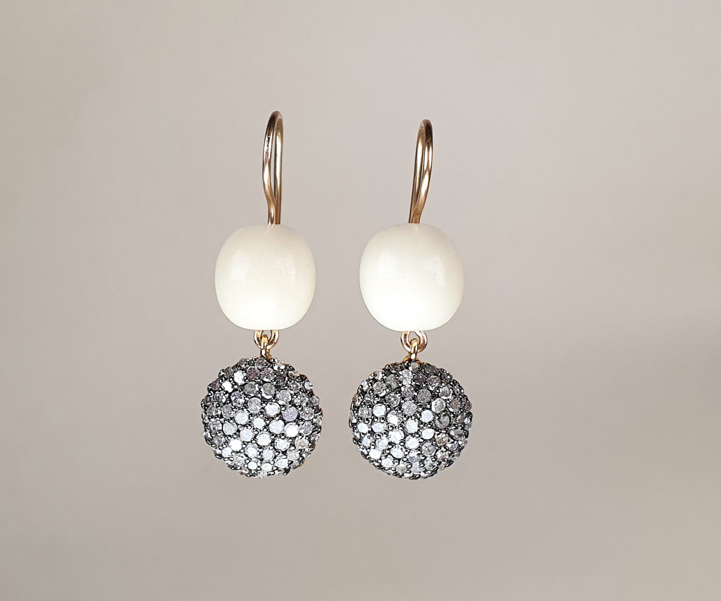 Diamond Disc and Vintage Bone Bead Drop Earrings
