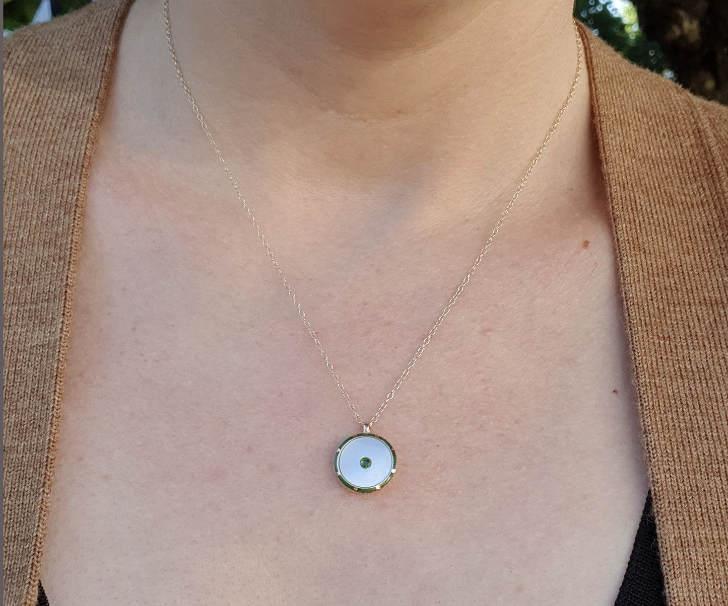 Victorian Green Enamel Gold Button Necklace with Tsavorite and MOP