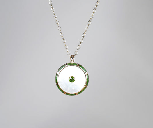 Victorian Green Enamel Gold Button Necklace with Tsavorite and MOP