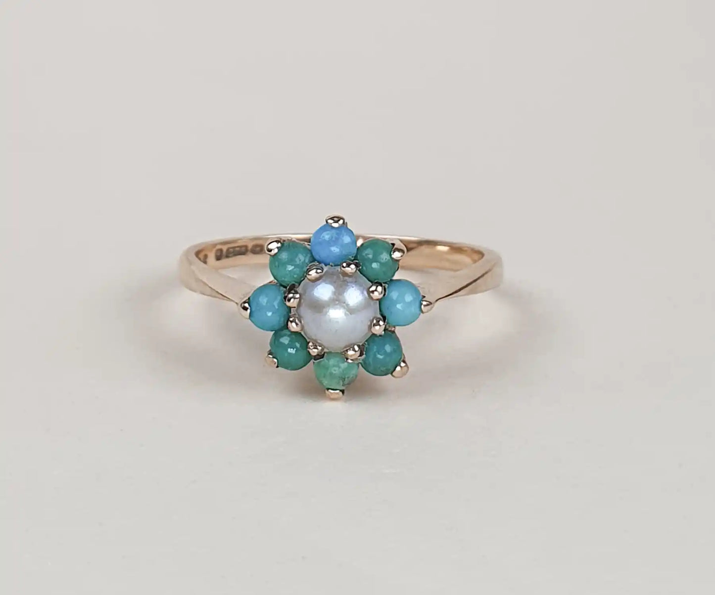 Forget Me Not Turquoise and Pearl Vintage Ring in Yellow Gold