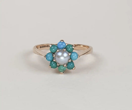 Forget Me Not Turquoise and Pearl Vintage Ring in Yellow Gold