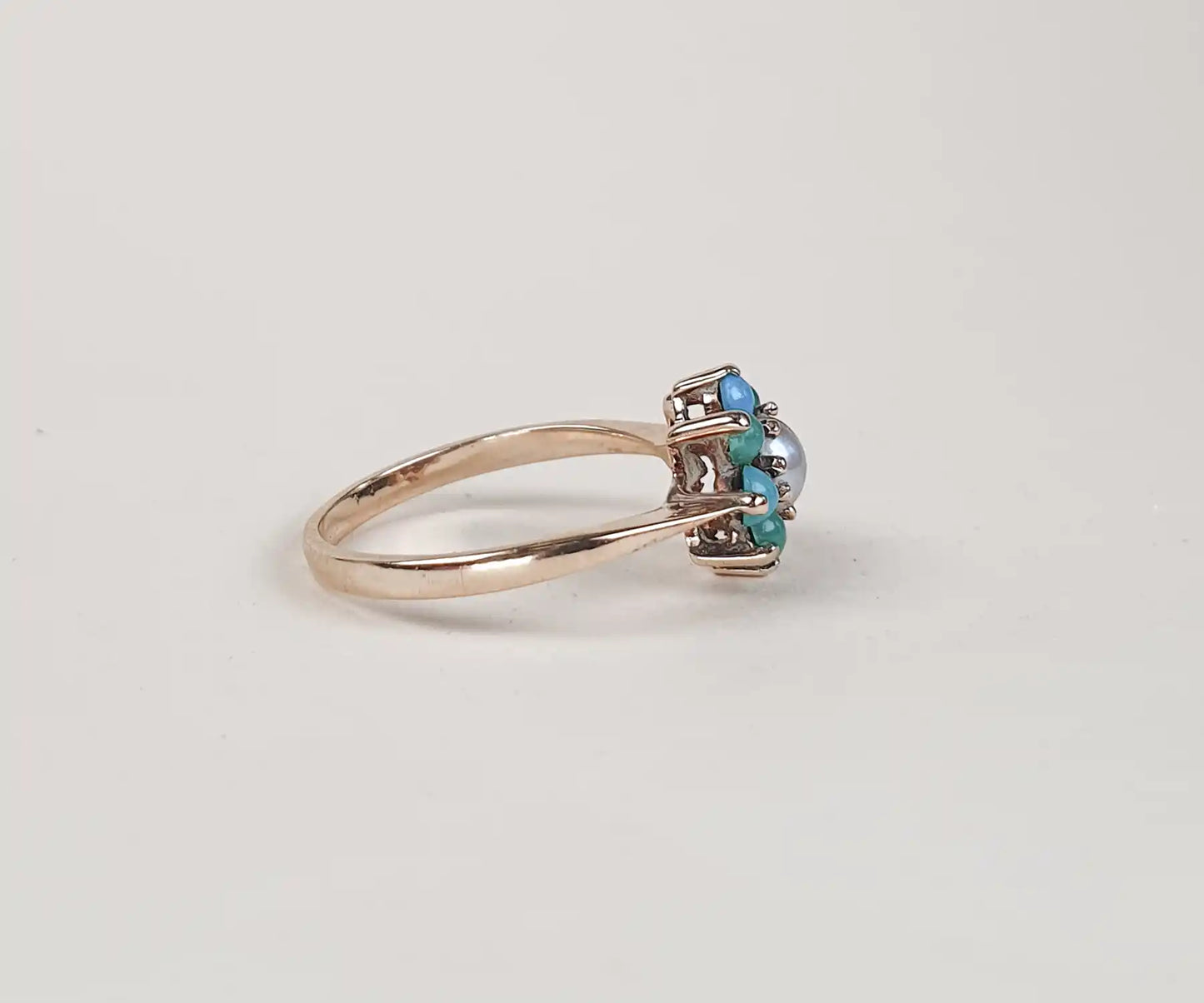 Forget Me Not Turquoise and Pearl Vintage Ring in Yellow Gold