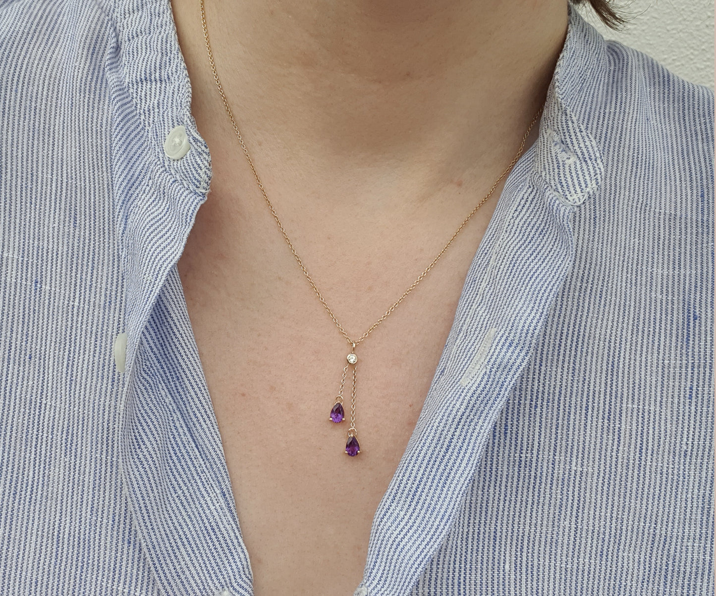 Handmade Purple Rain Necklace with Diamond and Amethysts in 9ct Yellow Gold