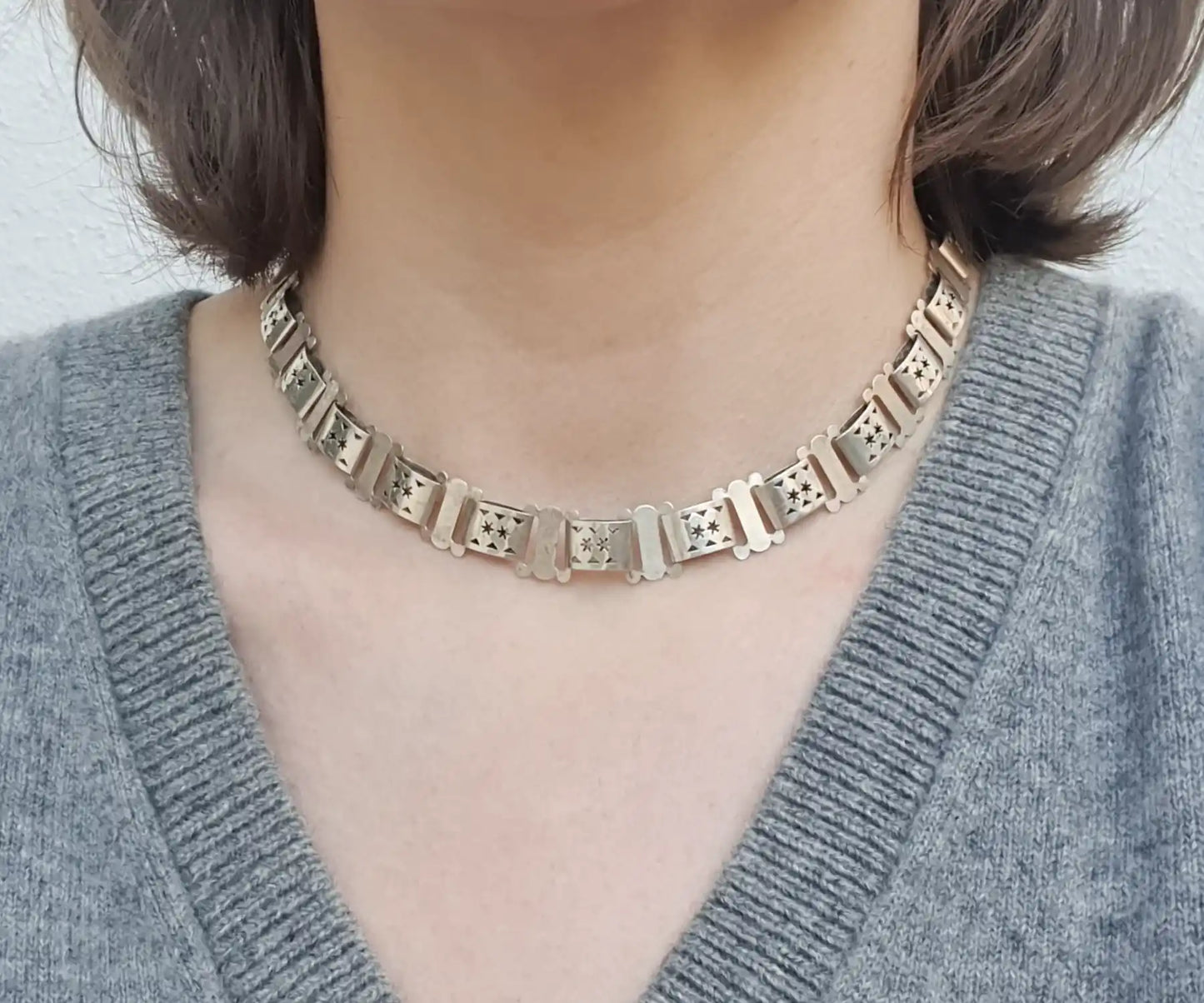 Victorian Silver Book Chain Necklace With Stars