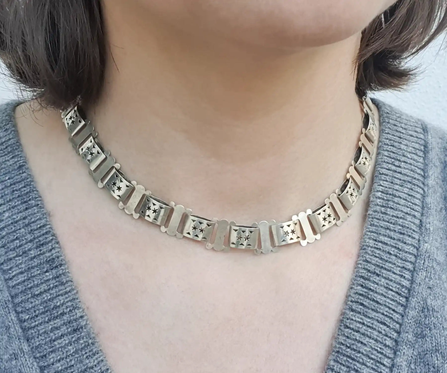 Victorian Silver Book Chain Necklace With Stars