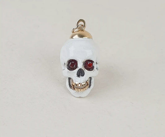 Antique White Enamel Skull Pendant with Garnet Eyes and Gold Teeth