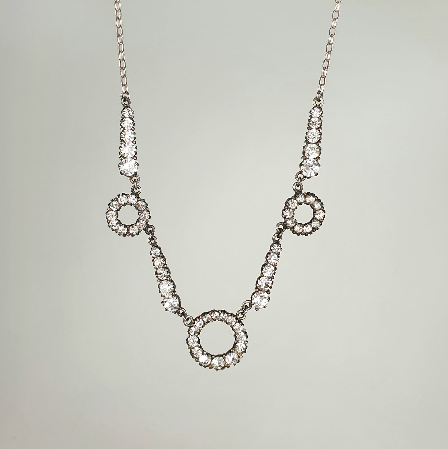 Art Deco Three Crystal Circles and Silver Collar Necklace
