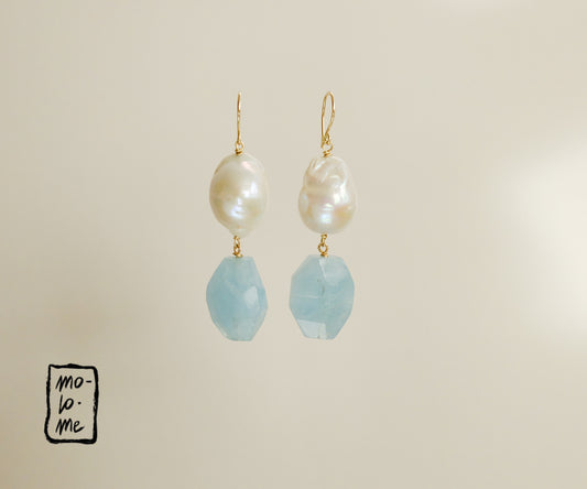 Baroque Pearl and Aquamarine Nugget Drop Earrings