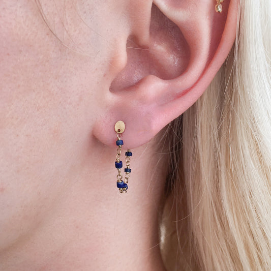 Gold and Lapis Lazuli Chain Agata Earring
