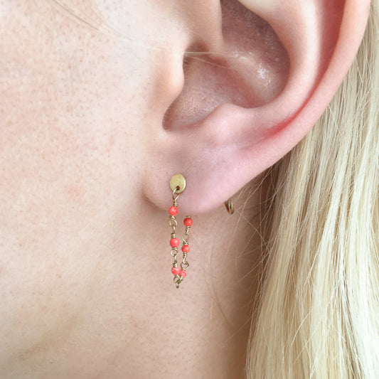 Gold and Coral Chain Agata Earring