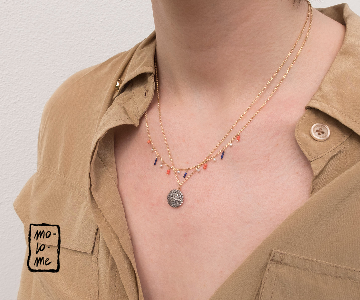 Molo Me Diamond Disc Necklace and Parisian Fringe Necklace on a model