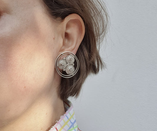 Fabulous Vintage Chunky Silver Granulation Clip On Earrings