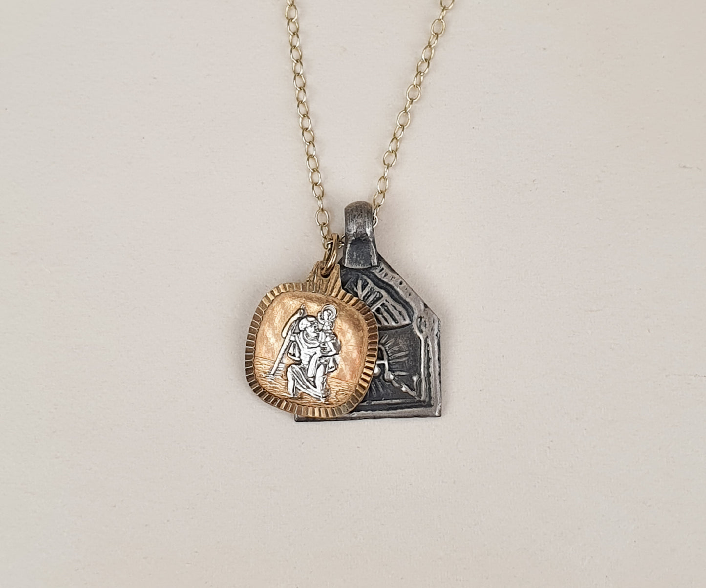 Vintage Silver Surya and Gold St. Christopher Necklace