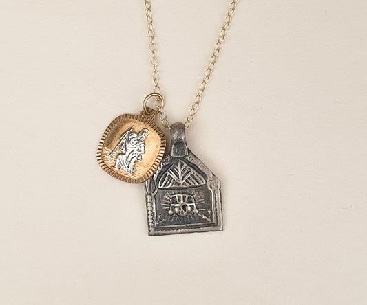 Vintage Silver Surya and Gold St. Christopher Necklace