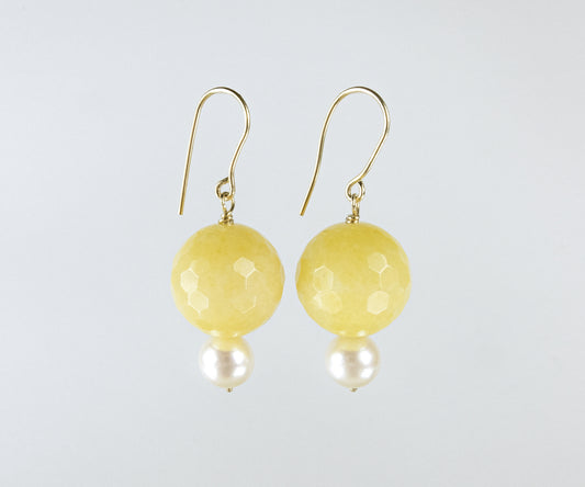 Yellow Jade and Pearl Drop Earrings