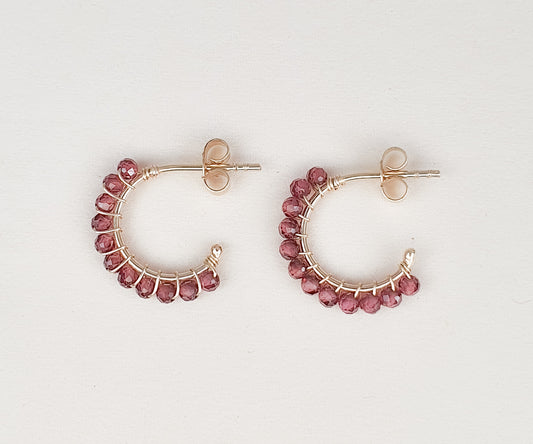 Small Aga Pink Garnet and Gold Hoops