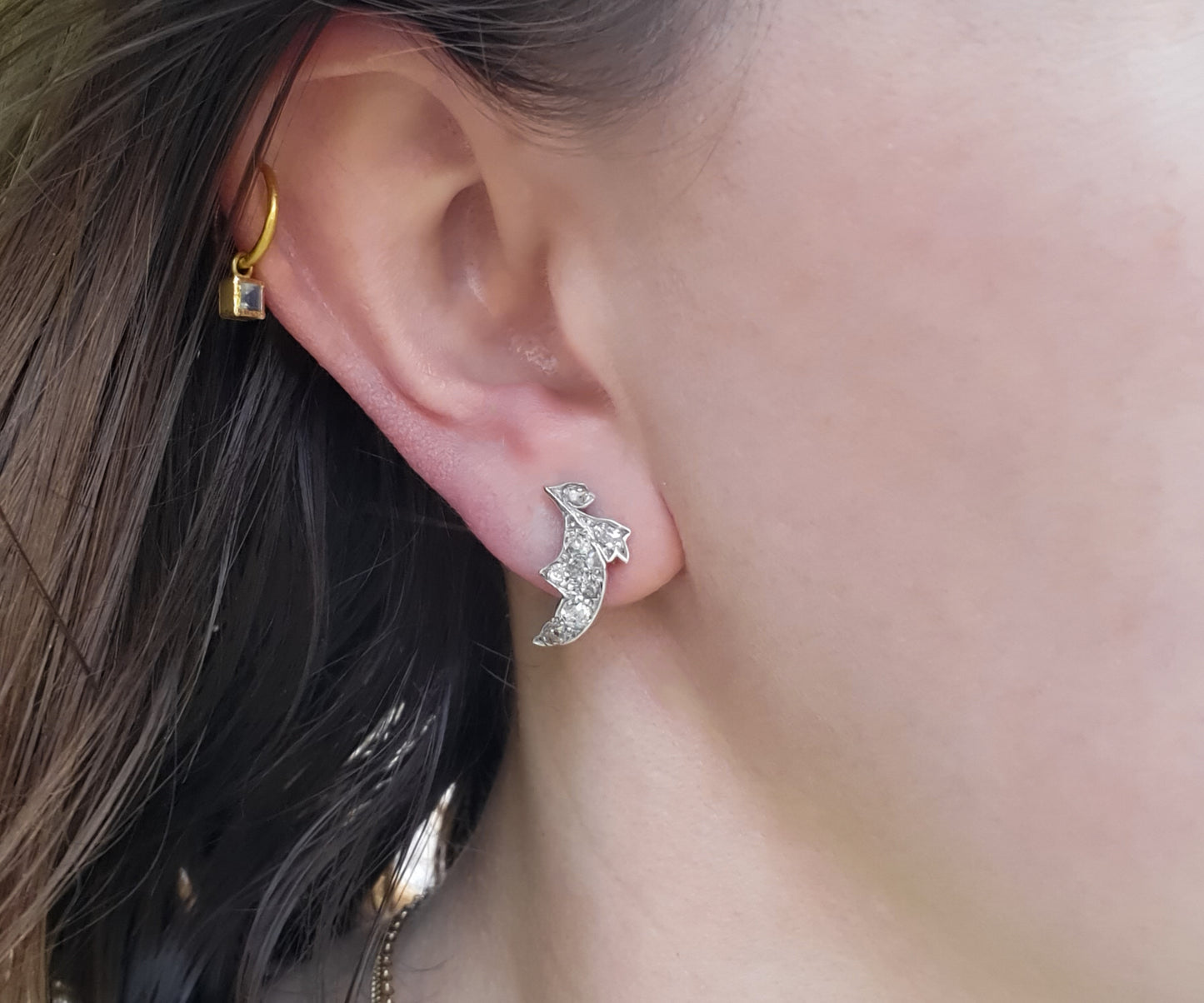 Late Victorian Old Cut Diamond Leaf Stud Earrings