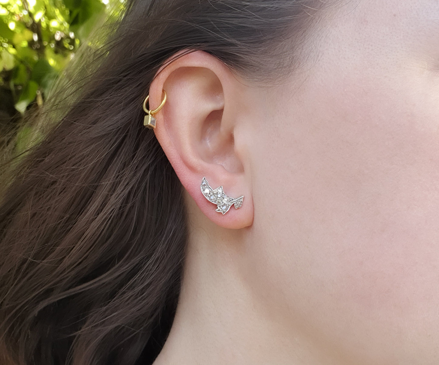 Late Victorian Old Cut Diamond Leaf Stud Earrings