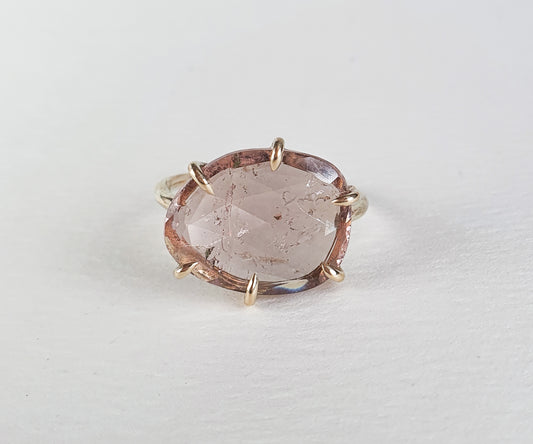 Large Pink Champagne Tourmaline Candy Ring in Solid Gold