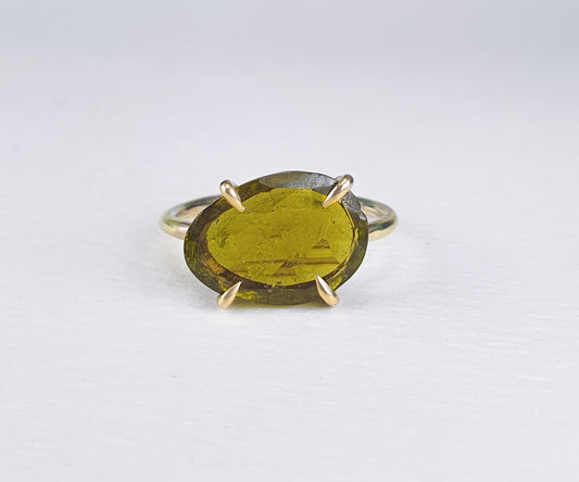 Yellowish Green Tourmaline Candy Ring in Solid Gold
