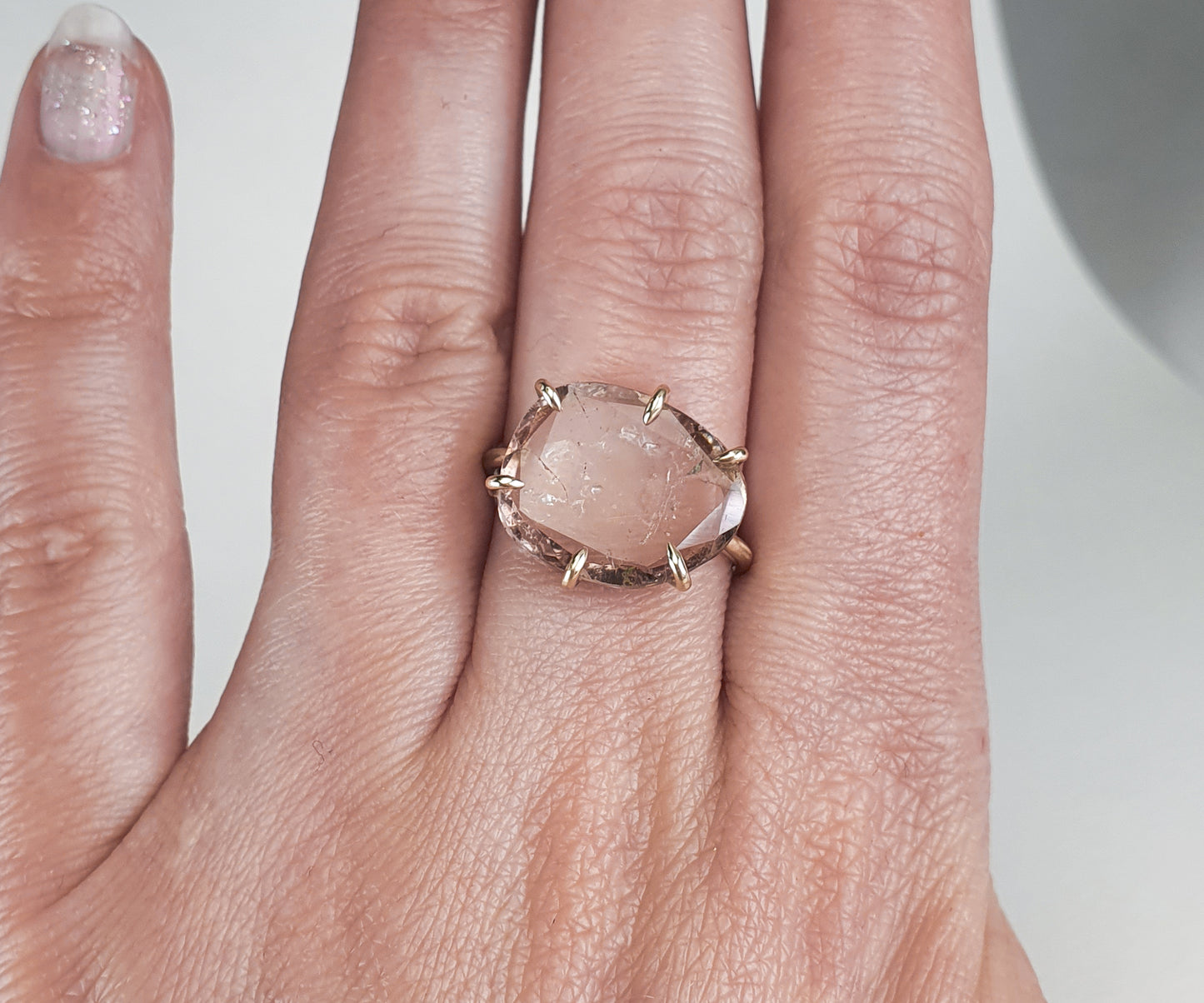 Large Pink Champagne Tourmaline Candy Ring in Solid Gold