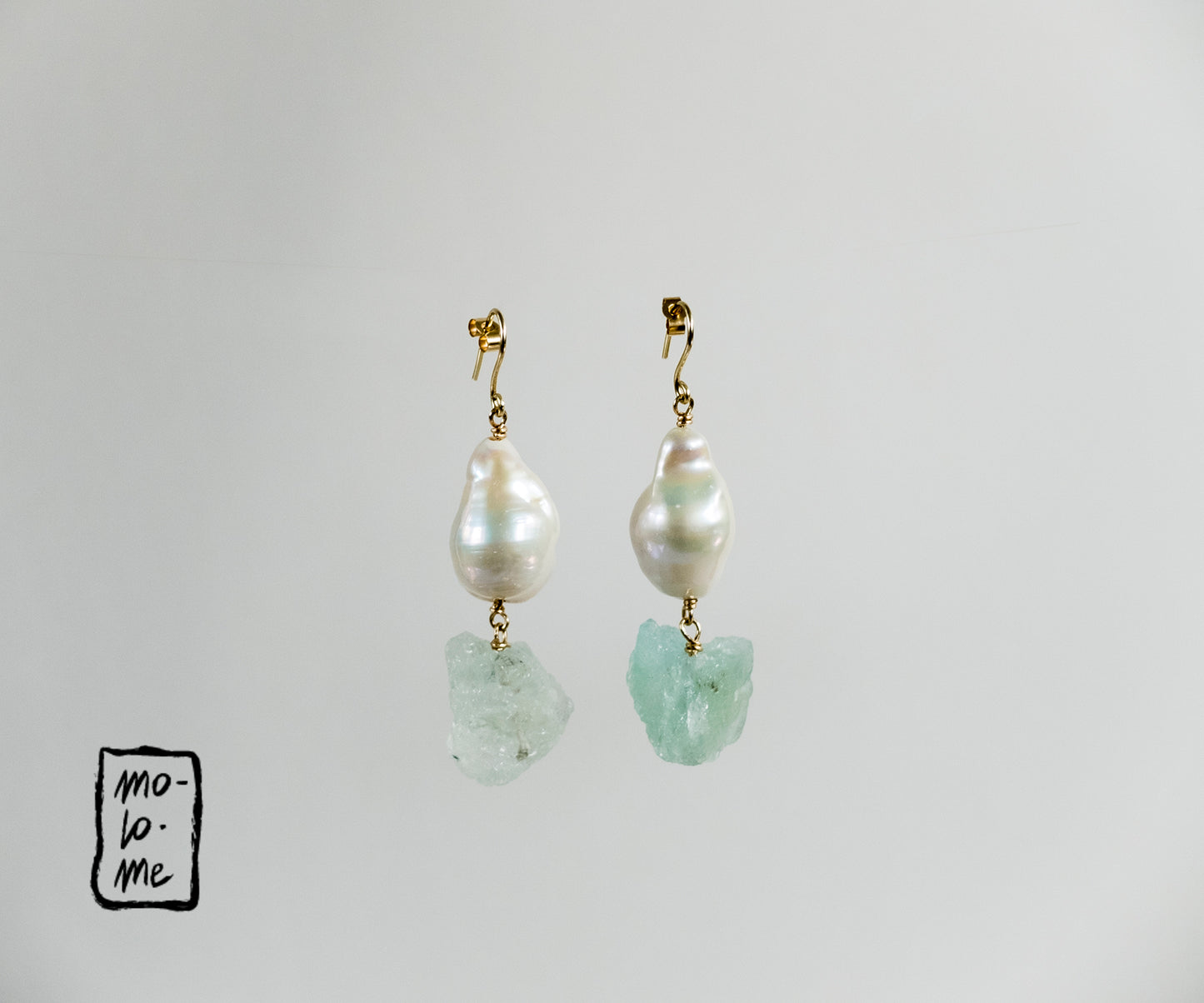 Rough Aquamarine and Baroque Pearl Drop Earrings