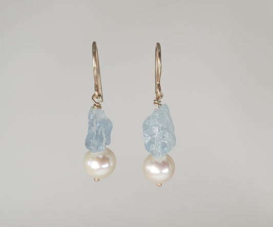 Mini Rough Aquamarine and Baroque Pearl Drop Earrings