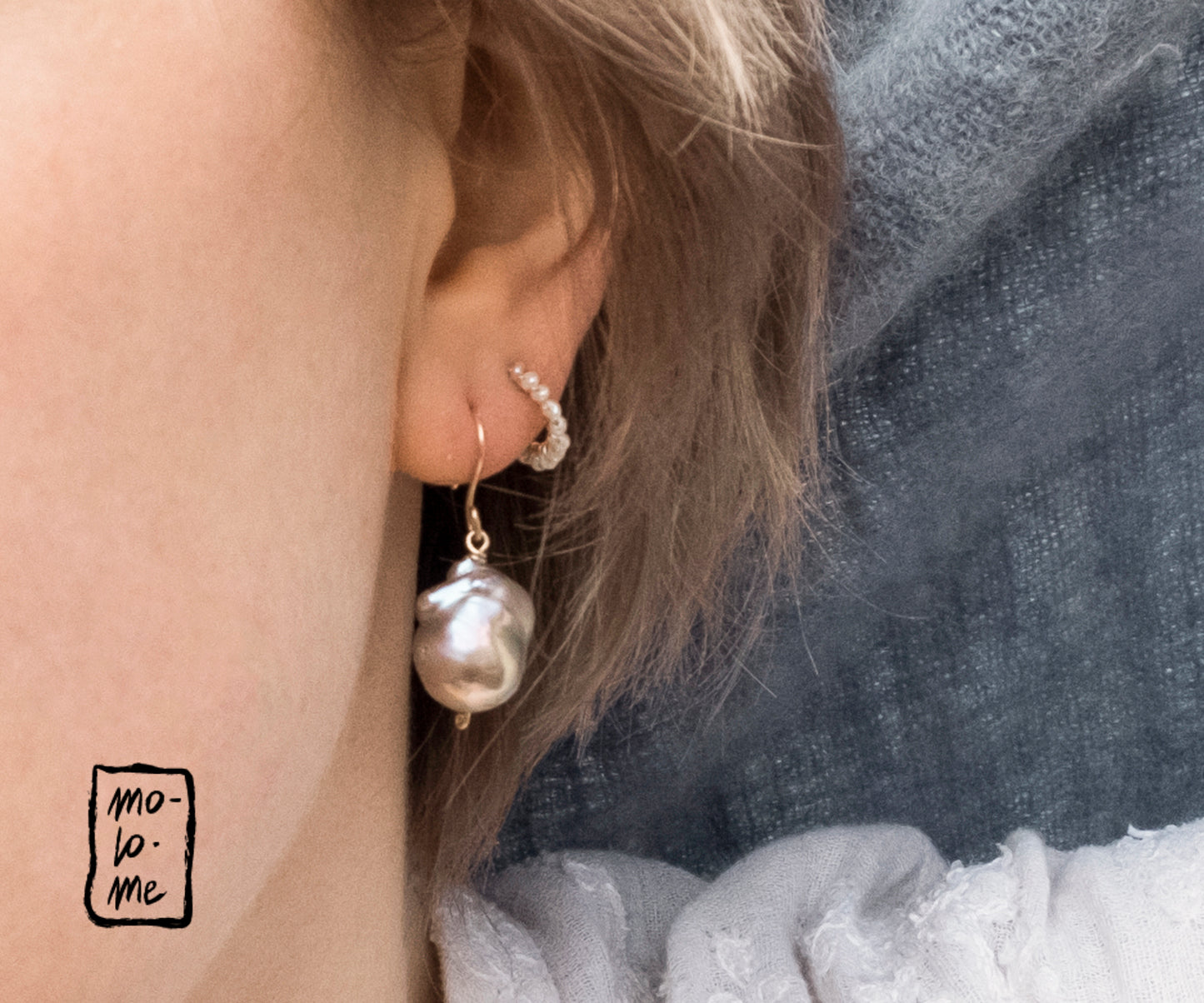 Small Aga Pearl Hoops photographed with Purple Baroque Drop Earrings.