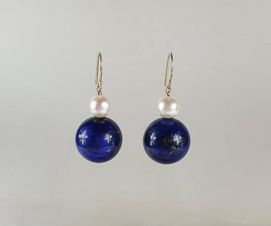 Lapis Lazuli and White Pearl Sphere Drop Earrings